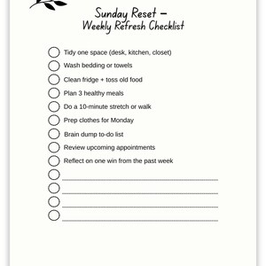 Sunday Reset Weekly Checklist page with leaf graphic