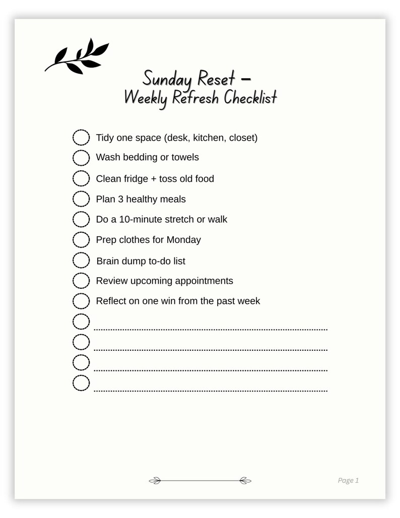 Sunday Reset Weekly Checklist page with leaf graphic