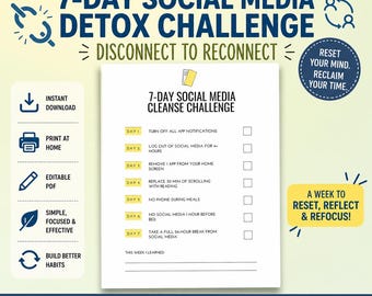 Desafio de 7 dias para desintoxicação das redes sociais: Limpeza digital e redefinição do tempo de tela para imprimir | PDF editável