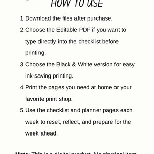 May include: A white page with the text "HOW TO USE" and numbered instructions for a digital product. The instructions include downloading files, choosing an editable PDF, and printing pages. The note states that it is a digital product and no physical item will be shipped.