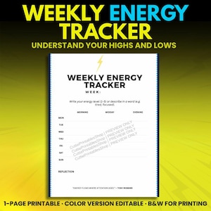 Puede incluir: Un rastreador de energía semanal imprimible con fondo blanco y borde azul. El título "WEEKLY ENERGY TRACKER" se muestra en amarillo y azul. El rastreador incluye secciones para los niveles de energía de la mañana, el mediodía y la tarde.