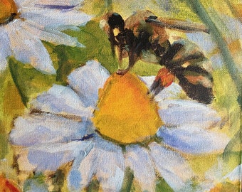 Painting, Print, or Note cards with envelopes from my original painting "Let it Bee"- daisy, bee, summer, garden