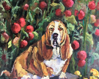 Painting, Print, or Notecards with envelopes from original painting "Bae in the Burpees" of an adorable Basset Hound dog in tomato garden