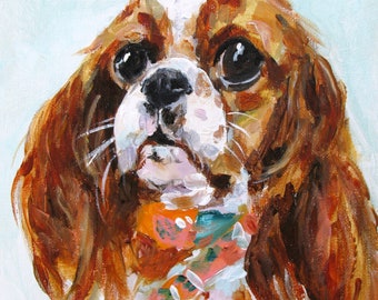 Painting, Print, or Note cards with envelopes from my original painting "Pippa" of an adorable King Charles Cavalier Spaniel dog in bandanna