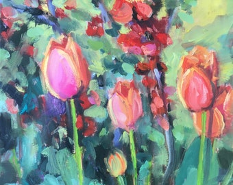 Painting, Print, or Note cards with envelopes from my original painting "Tulips and Quince" of beautiful red blooms flowering in my garden