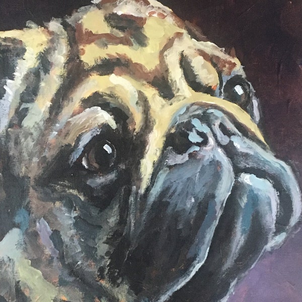 Painting, Print, or Note cards with envelopes from my original painting "Pug Shot" of a  Fawn Pug pet portrait puppy dog