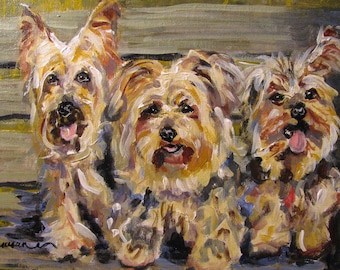 Painting, Print, or Note cards with envelopes from my original painting "Bella, Sassy, and Chipper" ~ a pet portrait of Yorkshire Terriers