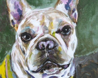 Painting, Print, or Note cards with envelopes from my original painting "Sissy" ~ a pet portrait of a white French Bulldog dog with sweater