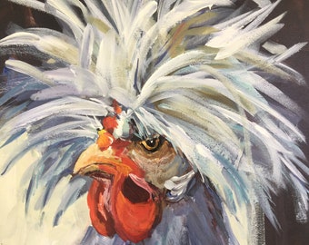 Painting, Print, or Note cards with envelopes from my original painting "Bad Hair Day" of a white Polish chicken