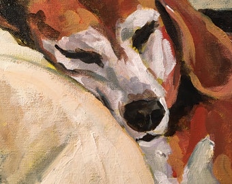 Painting, Print, or Note cards w envelopes from my original painting "Sleeping Charlie" of an adorable plump beagle who loved his nap time