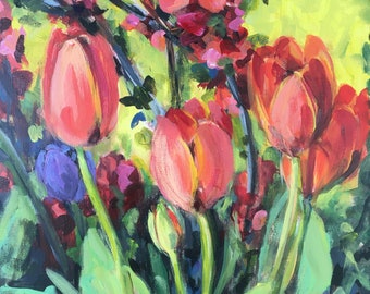 Painting Print or Notecards w envelopes of original painting by susan elizabeth jones depicting spring garden red tulips and Quince