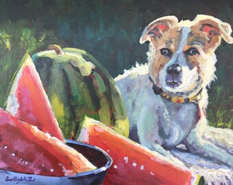 Painting, Print or Notecards w envelopes from original painting "National Watermelon Day" ~ a pet portrait of a terrier dog w watermelon