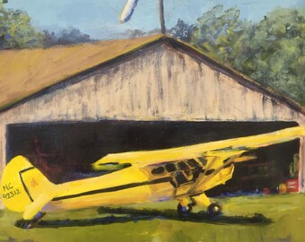 Painting, Print, or Note cards with envelopes from my original painting "Tail Dragger" of a yellow Piper Cub plane and windsock at airfield