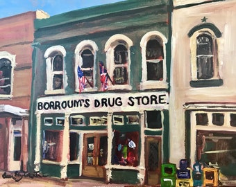 Painting, Print, or Notecards w envelopes from my original painting "Borroums Drug Store" historic, southern downtown, Corinth, Mississippi