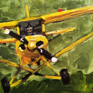 Cartões de pintura, impressão ou nota com envelopes da minha pintura original "Piper Cub" de um avião J-3 Piper Cub amarelo em vôo