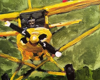 Painting, Print, or Note cards with envelopes from my original painting "Piper Cub" of a yellow J-3 Piper Cub airplane in flight