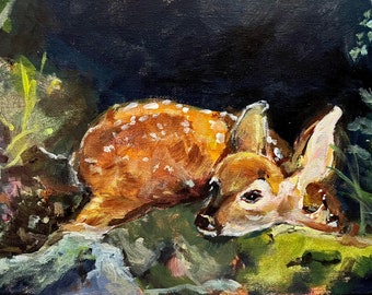 Painting, Print, or Note cards with envelopes from my original painting "My Pillow a Stone"- deer, fawn, forest, autumn