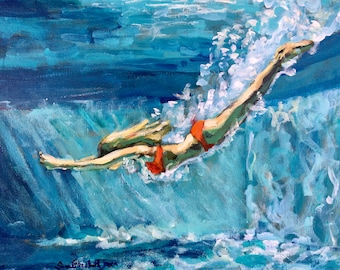 Painting, Print, or Note cards w envelopes from my original painting "Waters Fine" is under water  red bikini swimmer diving into blue pool