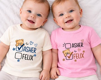 Personalized Twin Baby Shirts, Custom Name Twin Outfits, Matching Twin Shirts, Cute Bear Baby Bodysuit, Twin Boys Girls Gift