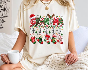 Personalized Grandma Christmas Shirt, Custom Grandkids Names Tee, Christmas Stocking Grandma Gift, Family Holiday Shirt