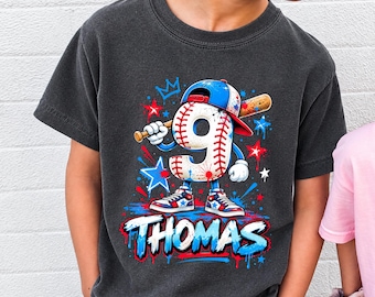 Personalized Birthday Baseball Shirt, Custom Name Number 7,8,9 Tee, Baseball Birthday Boy Gift, Sports Birthday Party Shirt