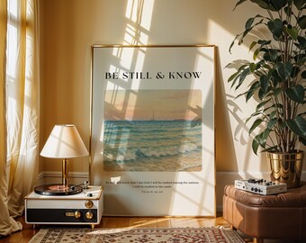 Be Still and Know Poster | Christian Wall Art Printable | Bible Verse Psalm 46:10 Scripture Art | Minimal Beach Print | Faith Decor Download
