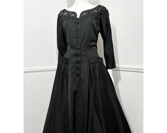 Medium 1950s Vintage Black Taffeta "New Look" Cocktail Dress