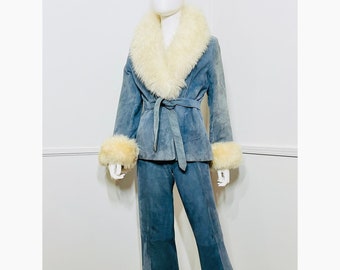 Traje vintage de gamuza azul de los años 70, talla mediana, RARO.
