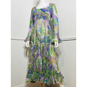 Robe longue psychédélique florale vintage des années 1970, petite à moyenne, par Marita pour Anthony Muto