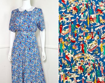 Small to Medium 1990's Vintage Rayon Novelty Print Blouse and Skirt Set by SK & Company