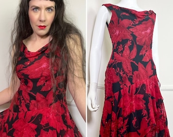 Medium Size 8 Y2K Vintage Silk Floral Beaded Bias Cut Dress by Alex Evenings