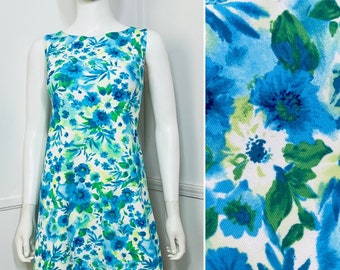 Medium jaren 1990 Vintage witte en blauwe bloemen mini-jurk van G.A.S