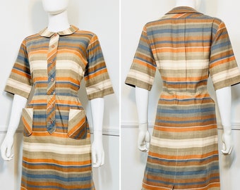 Large 1950s Vintage Cotton Autumnal Striped Day Dress