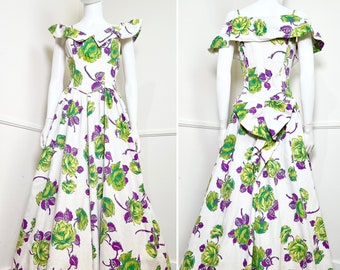 Medium 1940's Vintage Cotton Rose Floral Novelty Print Gown