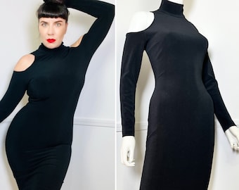Medium to Large 1990s Vintage Black Cold Shoulder Body Con Dress by Expo Nite
