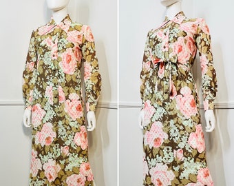 Medium 1970s Vintage Pink and Green Floral Brocade Maxi Shirt Dress by Serbin