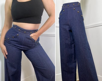 Large 31 Waist 1970's Vintage Blue Denim Wide Leg Sailor Style Jeans