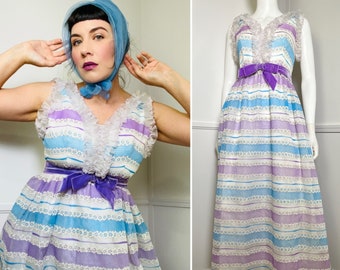 Medium 1960s Vintage FLOCKED Daisy Print Maxi Gown by Lorrie Deb