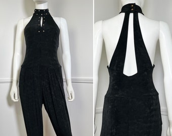 Medium 1980's Vintage Black Lycra Bejeweled Stirrup Jumpsuit by PG Collections