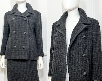 Medium 1960s Vintage Gray and Black Wool Check Jacket and Skirt Suit by I. Magnin