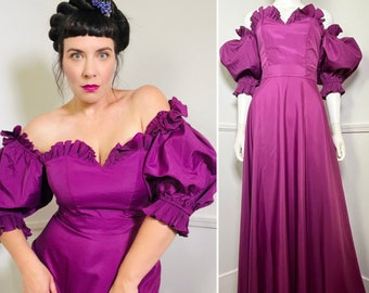 Small | Early 1980s Vintage Magenta Puff Sleeved Maxi Gown