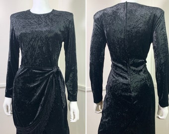 Large  1990's Vintage Black Crushed Velvet Fringed Sarong Dress by Hearts