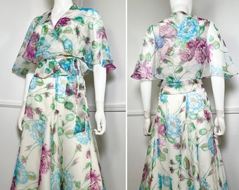 Small 1970s Vintage Floral Chiffon Wrap Blouse and Skirt Set by The Gilberts for Tally