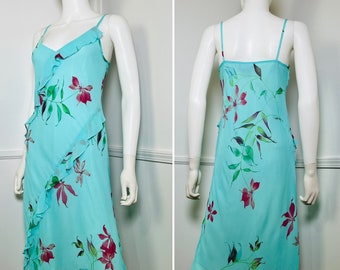 Medium Size 6 1990s Vintage Aqua Floral Bias Cut Slip Dress by Carole Little
