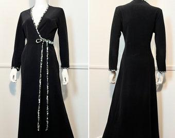 Medium 1970s Vintage Black and Leopard Print Fleece Wrap Maxi Robe by Vanity Fair