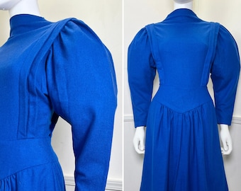 Medium 1980's Vintage Blue Wool Dress with Dramatic Sleeves