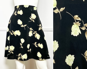 Small 1990&#39;s Vintage Black and Green Rose Floral Mini Skirt