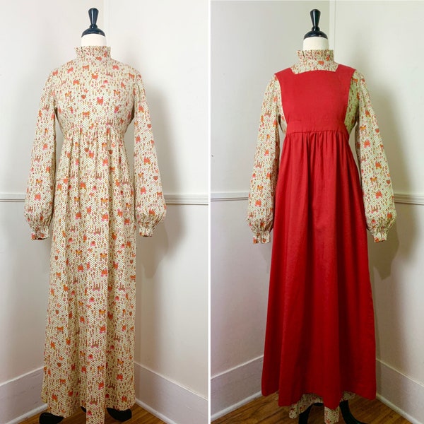 Small | 1970's Vintage Garden Novelty Print Maxi Gown and Pinafore | Cottagecore
