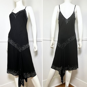 Small Size 6 1990&#39;s Vintage Black Beaded Bias Cut Slip Dress by J. Laxmi