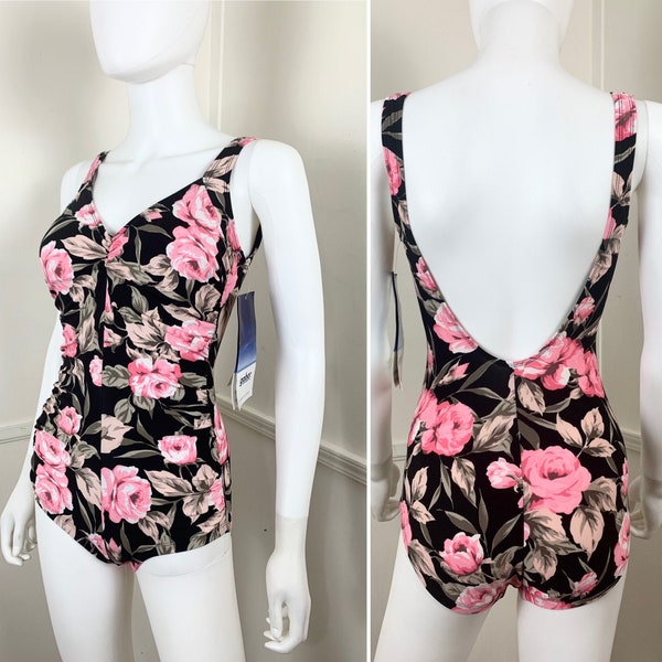 Small to Medium Size 8 1990's Vintage Black and Pink Floral Ruched One Piece Swimsuit by Gabar